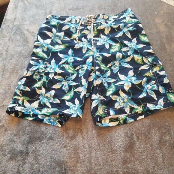 Lands' End Men's Board Shorts Hawaiian Drawstring Waist Floral Blue Size Large